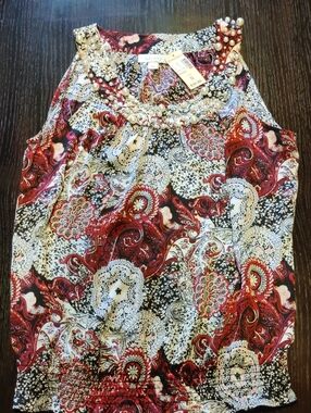 Dressbarn Beaded Paisley Print Sleeveless Camisole - Red, Black & White